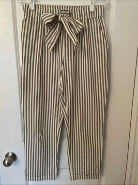 Zara Olive & White Striped Paperbag Waist Cropped Pants